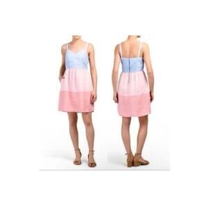 CYNTHIA ROWLEY Dress, 100% Linen, Colorblock , Size 4 Blue Pink Red